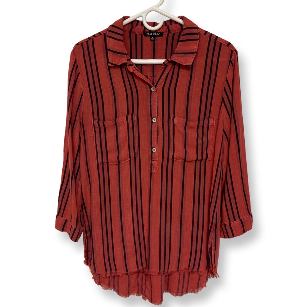 DEAR JOHN Striped Button Down Distress Shirt Women’s Medium Red